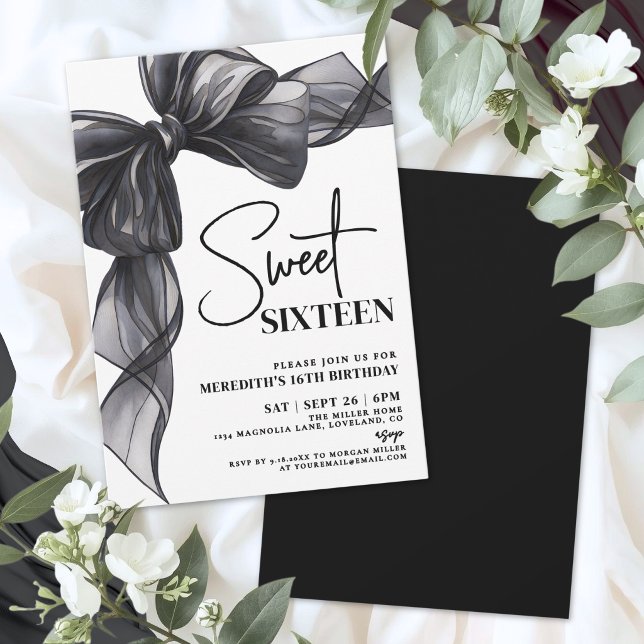 Svart Bow Sweet Sixteen 16-årsdag Inbjudningar (Black Bow Sweet Sixteen 16th Birthday Invitation)