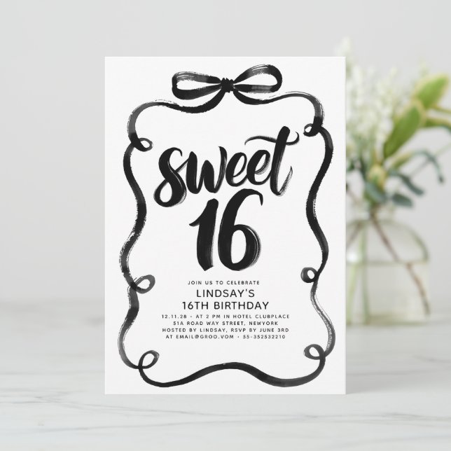 Svart Bow Whimsical Sweet 16-årsdag Inbjudningar (Stående Fram)