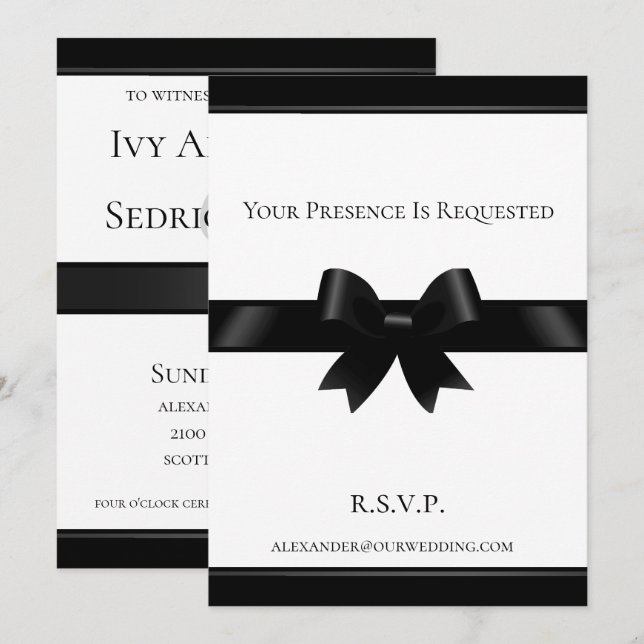 Svart Bow & White Classic Wedding-inbjudan Inbjudningar (Fram/baksida)