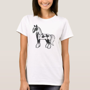 Svart brokig tecknad Gypsy Vanner Shire-häst Tee