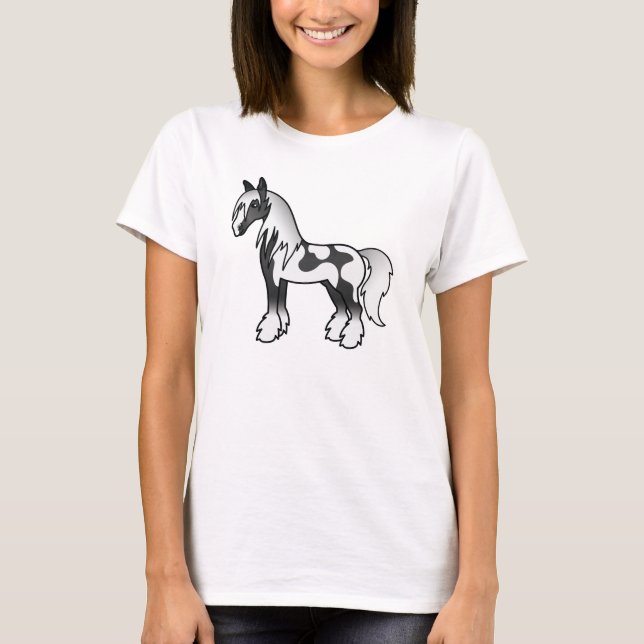 Svart brokig tecknad Gypsy Vanner Shire-häst Tee (Framsida)