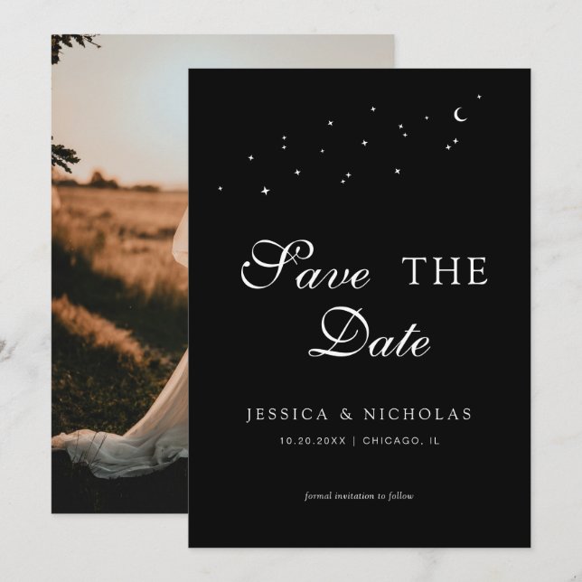 Svart Bröllop-foto med kelestial Elegant Spara Datumet (Fram/baksida)