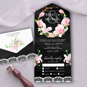 Svart bröllop med rosa magnolia blomsterkrans