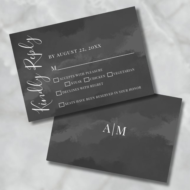 Svart Bröllop OSA för Elegant med snyggt- (Stylish Elegant Watercolor Black Wedding RSVP Card)