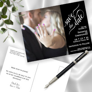 Svart bröllop Save the Date kalligrafi & foto Meddelande Vykort