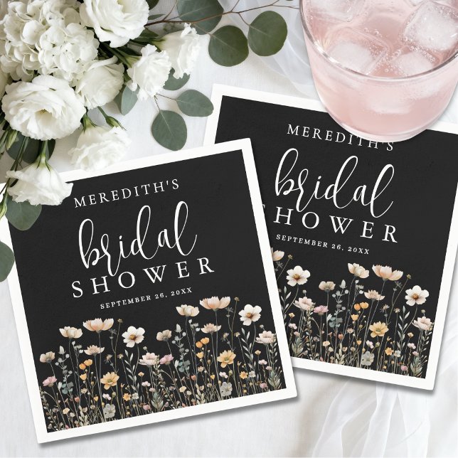 Svart Bröllopsdusch för Brud med Vilda Blommor Pappersservett (Black Wildflower Bridal Shower Napkins )