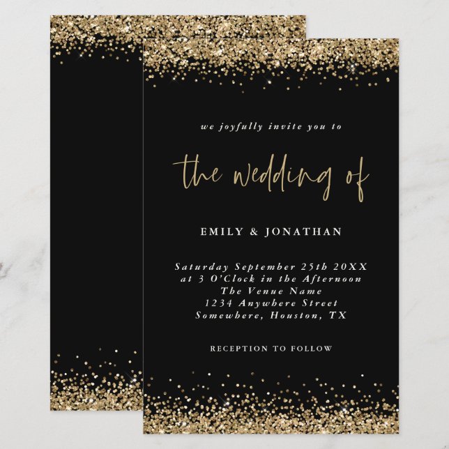 Svart bröllopsinbjudan med guldglitter budget (Fram/baksida)
