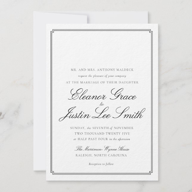 Svart bröllopsinbjudan med utrymme för monogram inbjudningar (Framsida)