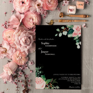 Svart bröllopsinbjudan till Blommigt Inbjudningar
