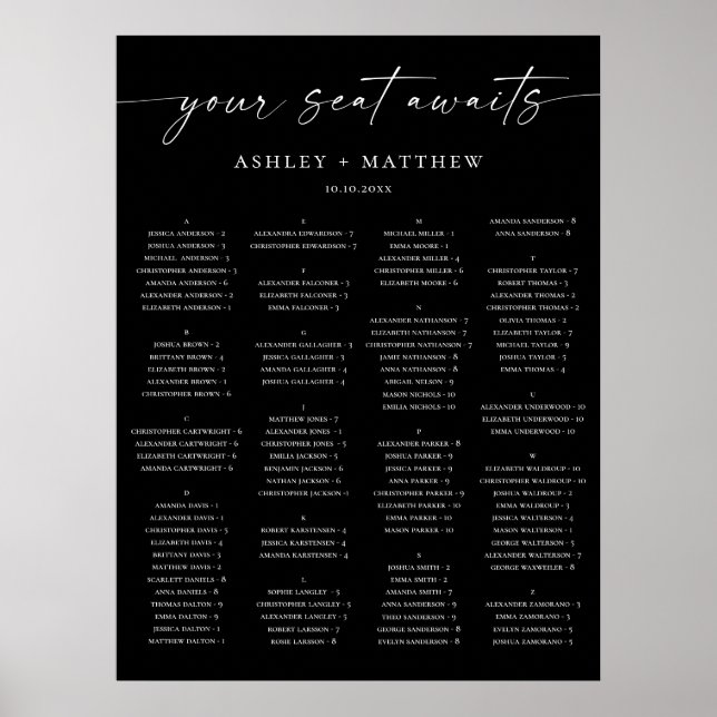 Svart bröllopsplatskarta | Elegant alfabetisk Poster (Framsidan)
