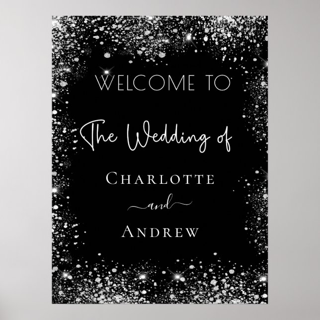 Svart bröllopsskylt med silverglitter poster (Framsidan)