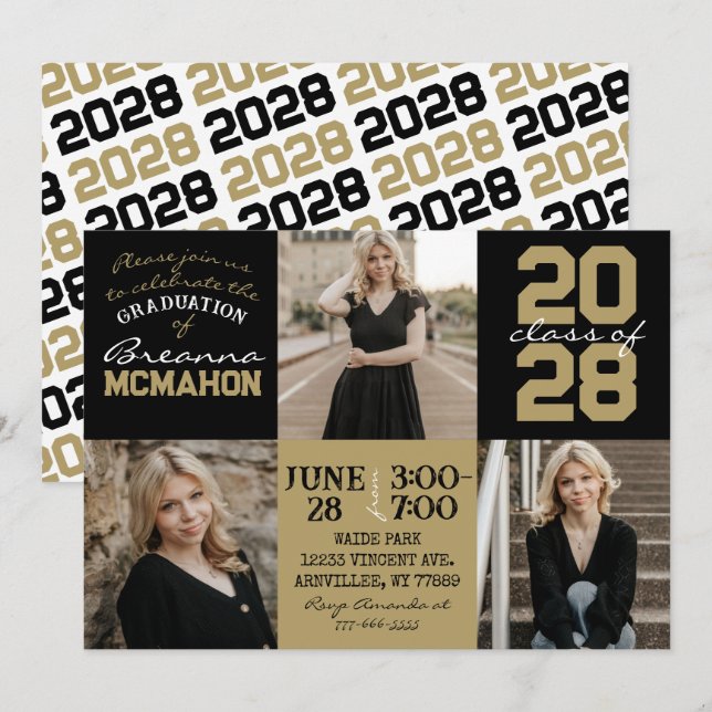 Svart & Bronze Guld 3 Photo Studenten-inbjudan Inbjudningar (Fram/baksida)