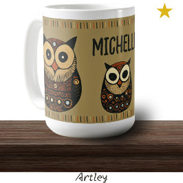 Svart Brown Folk Art Uggla eget namn Kaffemugg