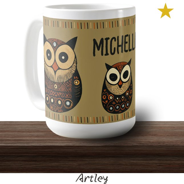 Svart Brown Folk Art Uggla eget namn Kaffemugg (Skapare uppladdad)