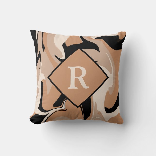 Svart Brun Creme Marmor Kudd med Monogram Kudde (Framsida)