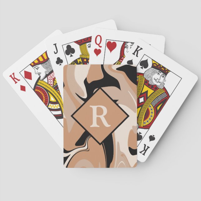 Svart Brun Creme Marmor Virvel Mönster Initialer Casinokort (Baksidan)