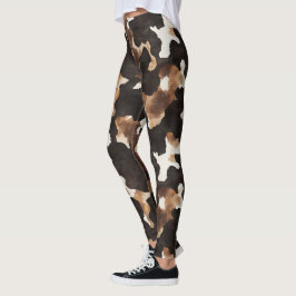 Svart Brun Kräm Ko Tryck Leggings