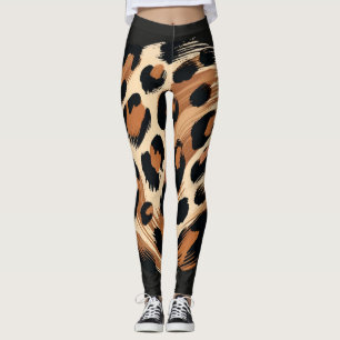 Svart Brun Kräm Målad Leopard Djurtryck Leggings