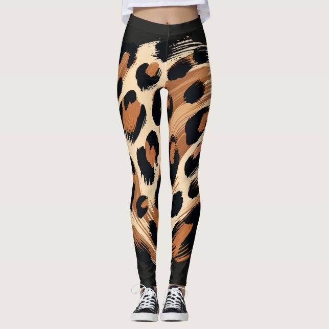 Svart Brun Kräm Målad Leopard Djurtryck Leggings (Framsida)