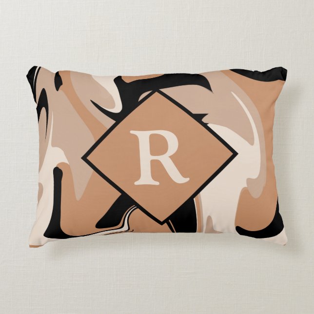 Svart Brun Kräm Märgla Virvel Mönster med Monogram Prydnadskudde (Framsidan)