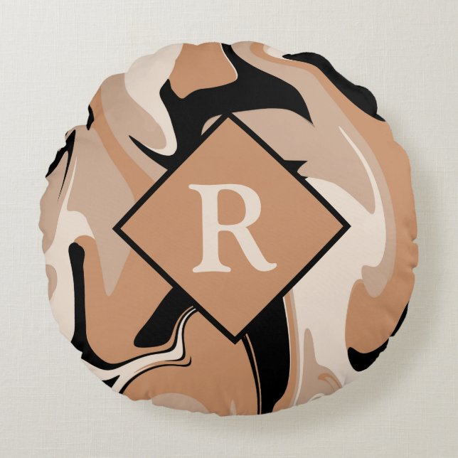 Svart Brun Kräm Märgla Virvel Mönster med Monogram Rund Kudde (Framsidan)
