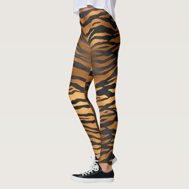 Svart Brun Tiger Randig Djur Stilfull Mode Leggings (Vänster)