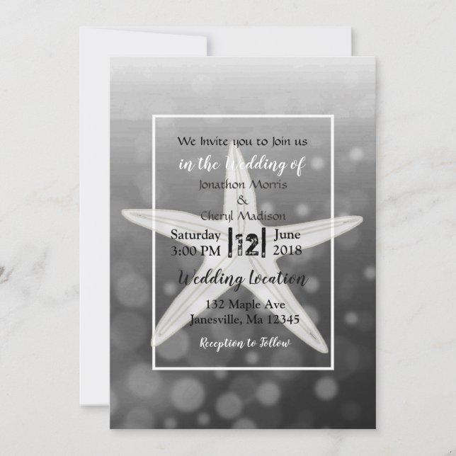 Svart Bubbles Starfish Beach Wedding-inbjudan Inbjudningar (Framsida)