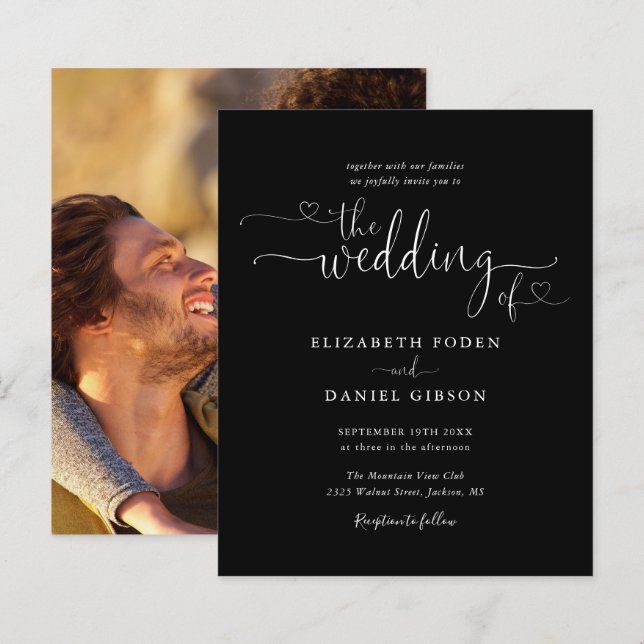 Svart budgetbröllopsinbjudan med foto (Fram/baksida)