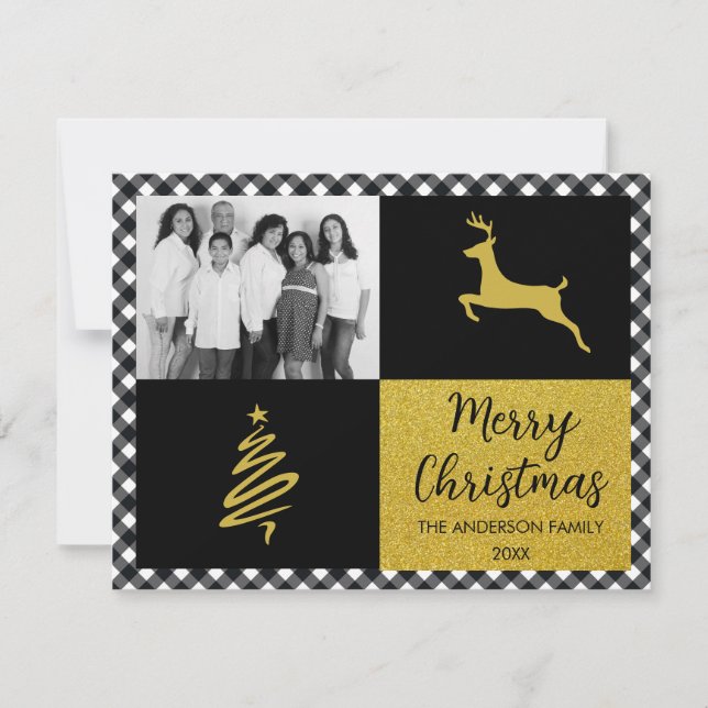 Svart Buffel Plaid Guld Jul Familjefoto Julkort (Framsida)
