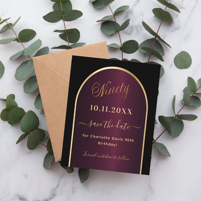 Svart burgundär 90:e födelsedagsbudget spara datum flygblad (Skapare uppladdad)
