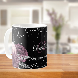 Svart burgundblommor elegant monogram namn kaffemugg