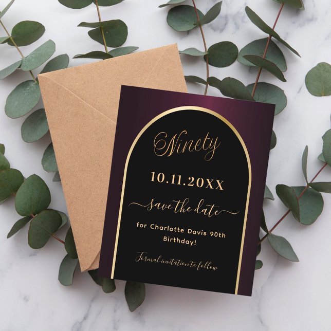 Svart burgundbudget för 90:e födelsedag spara datu flygblad (Skapare uppladdad)