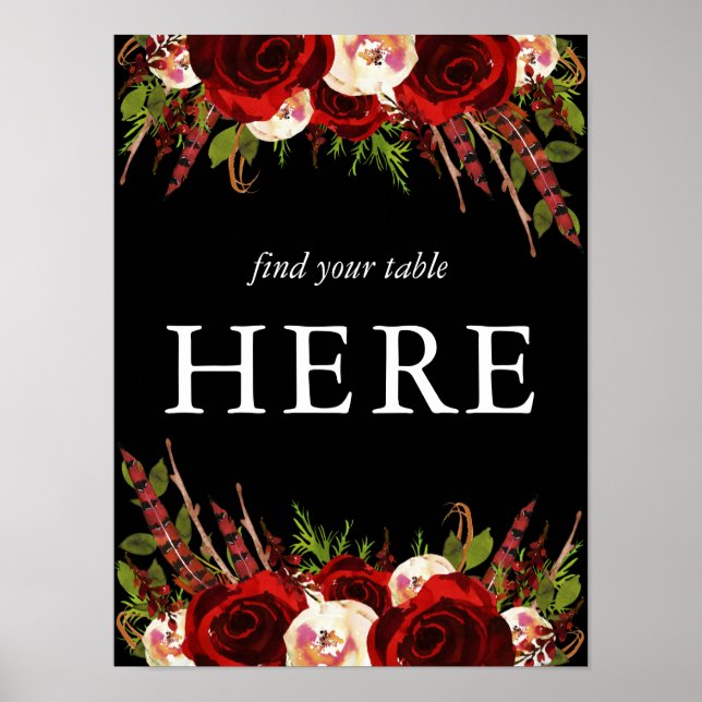 Svart Burgunder Blommig Boho Hitta Ditt Bord Här Poster (Framsidan)