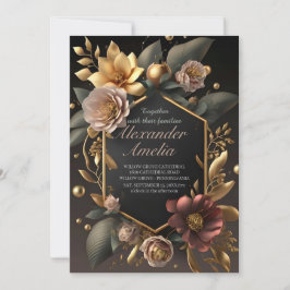 Svart burgunder och guld blomster modern boho bröl inbjudningar