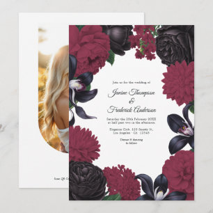 Svart & Burgundy Foto/QR-kod Blommig Bröllopsinbju Inbjudningar