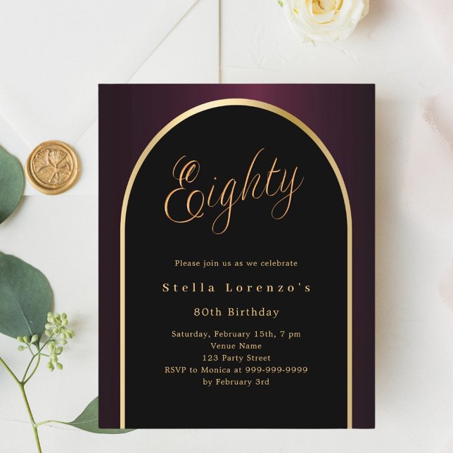 Svart burgundy guld arch-inbjudan på 80 år (Skapare uppladdad)