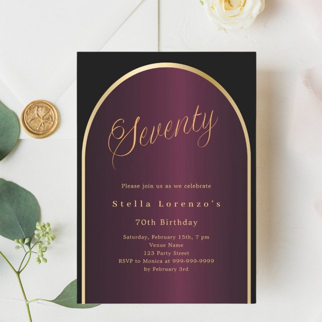 Svart burgundy guld-skript 70-årsdag inbjudningar (Skapare uppladdad)