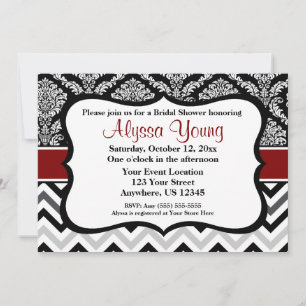 Svart Burgundy Red Damask Chevron-inbjudan Inbjudningar