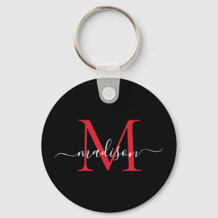 Svart burgundy Red Monogram Namn Elegant-skript Nyckelring