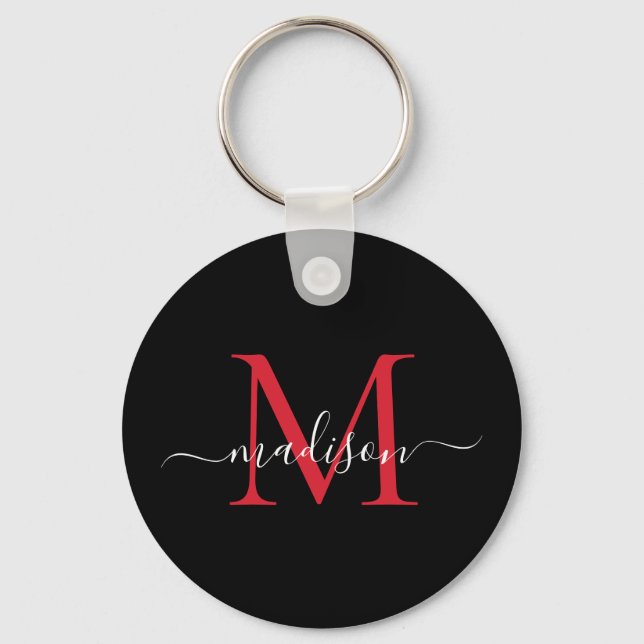 Svart burgundy Red Monogram Namn Elegant-skript Nyckelring (Framsida)