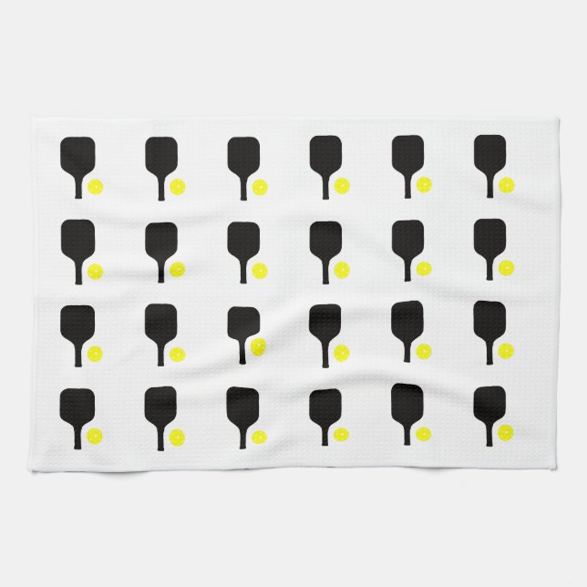 Svart burkpadlar och gult bollar kökshandduk (Horisontell)