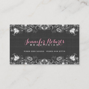 Svart Burlap Linen & White Blommigt & Snöre Visitkort