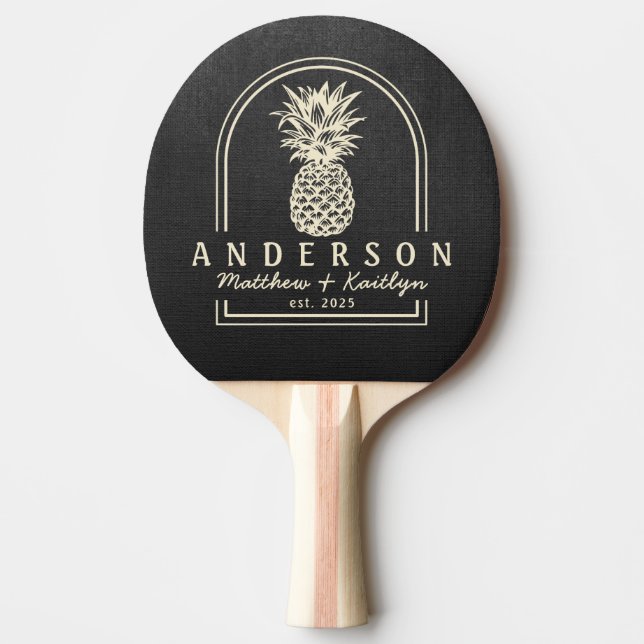 Svart Canvas Ananas Bröllopsbåge & Namn Pingisracket (Framsidan)