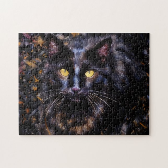 Svart Cat Porträtt Cat Art Puzzle Pussel (Horisontell)