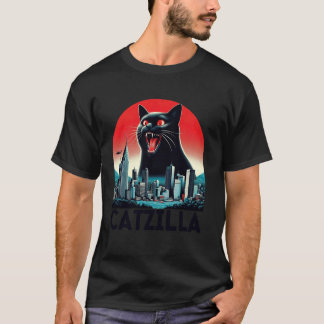 Svart Catzilla Japansk Konst Solnedgång Rolig Katt T Shirt