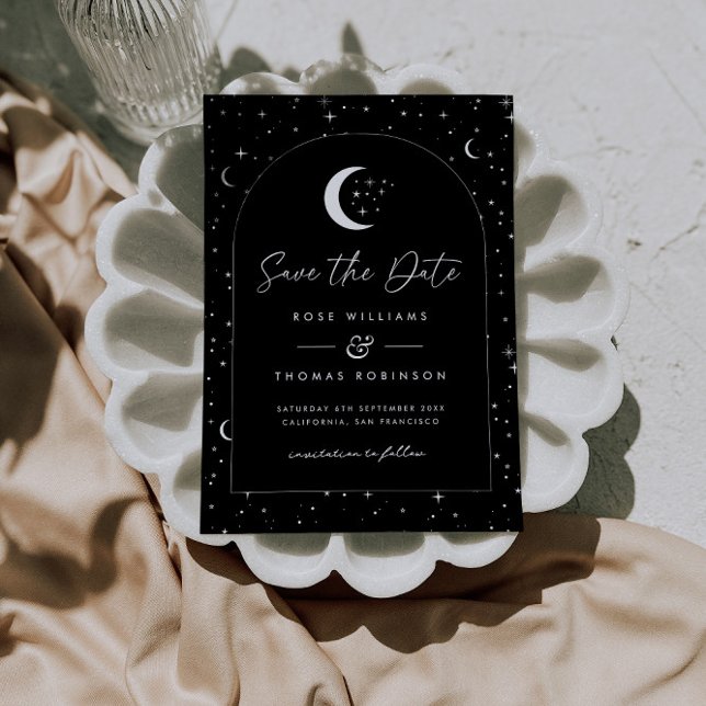 Svart Celestialt Välvd Spara Datum Datumet (Zazzle Black Celestial Arched Save The Date )