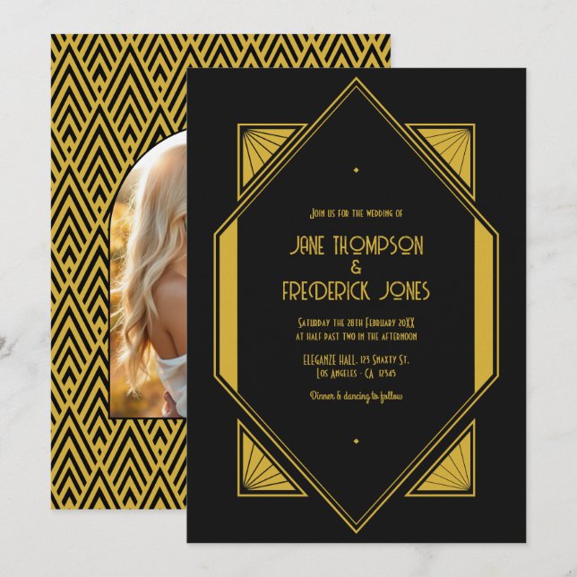 Svart & Champagne Guld Art Deco Bröllopsfoto Inbjudningar (Fram/baksida)