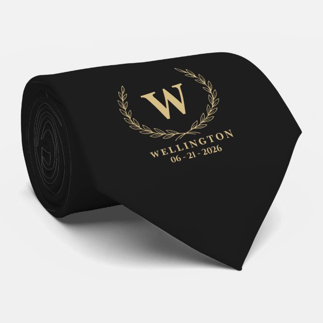 Svart Champagne Guld Lagerblad Monogram Bröllopsda Slips (Rullad)