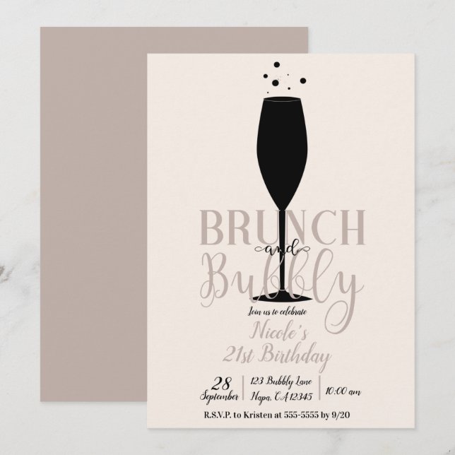 Svart champagneglas brunch & bubbel födelsedag inbjudningar (Fram/baksida)