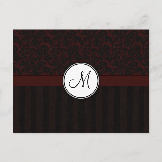 Svart Cherry Blommigt Wisps & Rand med Monogram Vykort (Framsida)